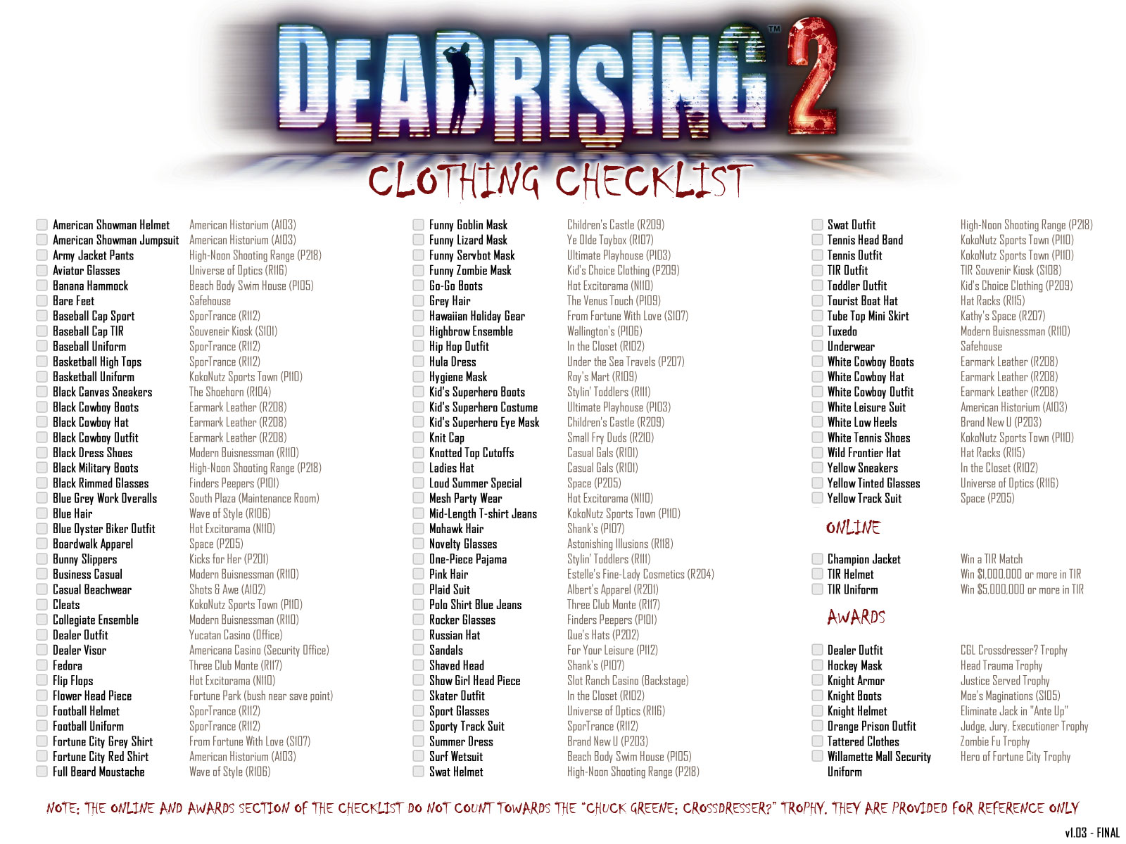 Dead Rising 2 Full Clothing Checklist For Chuck Greene Cross