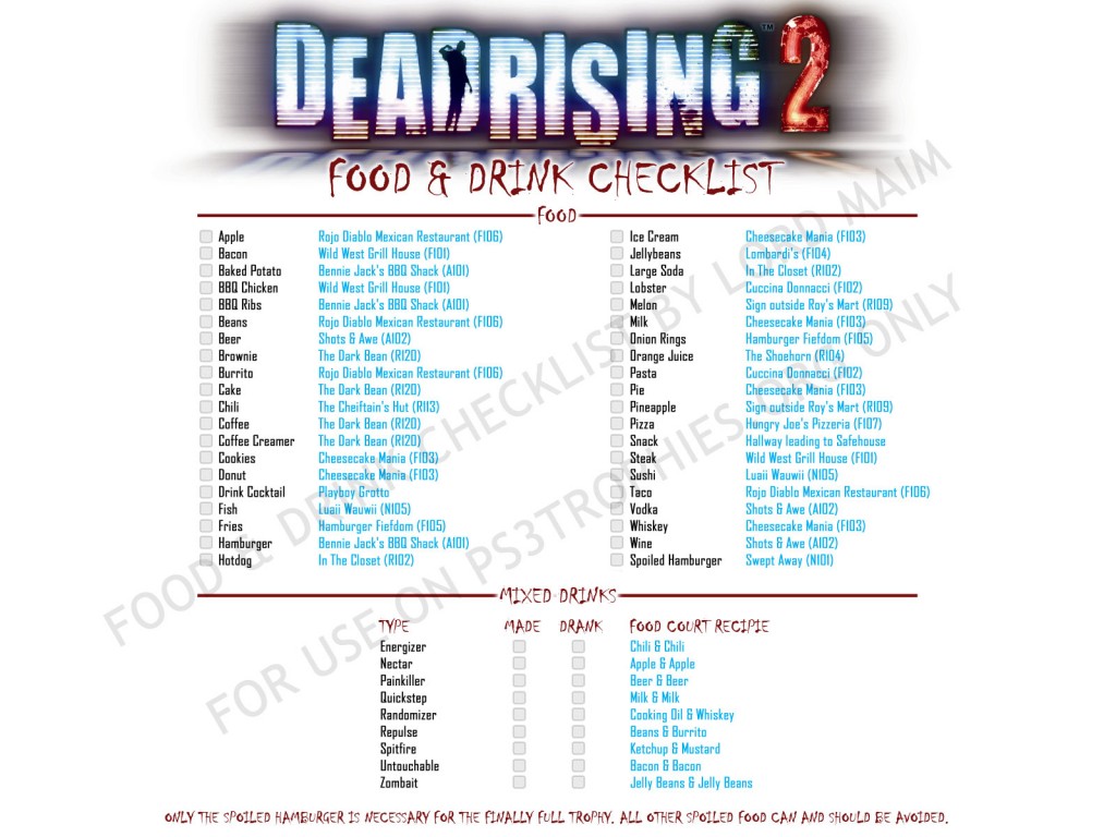 dead rising 2 food and drink checklist